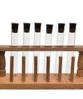 Six Piece 20 By 150 mm Borosilicate Glass Test Tubes Set With Rubber Stoppers And Natural Wood Rack For Lab Use