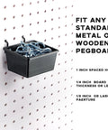 Black bin with screws on pegboard from All In One Pegboard Organizer Kit With 3 Racks 3 Baskets 8 Bins 4 Cups 8 Hooks 4 Loops Cup Holder