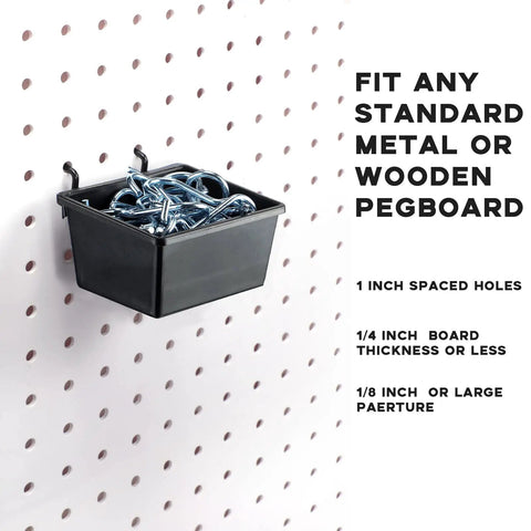 Black bin with screws on pegboard from All In One Pegboard Organizer Kit With 3 Racks 3 Baskets 8 Bins 4 Cups 8 Hooks 4 Loops Cup Holder