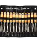 Pro Grade Wood Chisel Set 12 Piece With Carving Gouges And Hardened Steel Chisels in roll-up case, beech wood handles