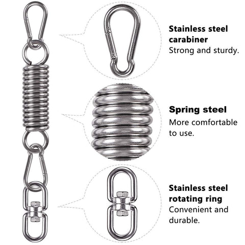 Stainless steel components of Beefy Heavy Duty Swing Spring Hardware Kit for Hanging Chairs and Hammocks with carabiner and rotating ring.