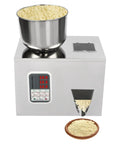 Top Shelf Automatic Filling Machine For Grains And Seeds Straight Up Fast Two To Five Second Bag Packing For Coffee Beans And Spices Dead On One Hundred Gram Dispenser Built Heavy Duty with stainless steel bowl.