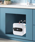 No-Fuss Compact Under Sink Electric Water Heater 2.1 Gallon Tank 110V 1500W installed in modern kitchen cabinet.