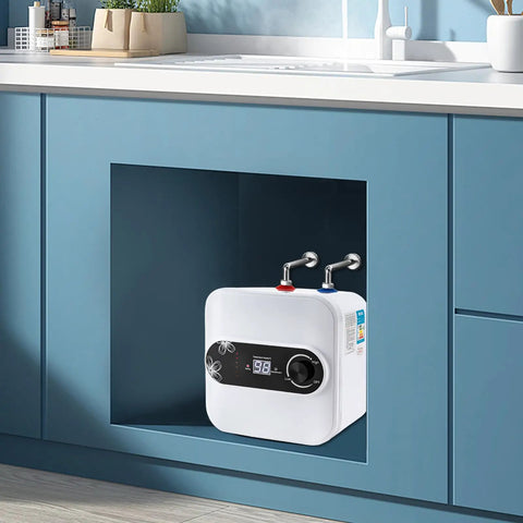 No-Fuss Compact Under Sink Electric Water Heater 2.1 Gallon Tank 110V 1500W installed in modern kitchen cabinet.