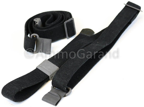 M1 Garand USGI Pattern Web Sling Two Point Black Cotton Made In USA for rifles, showing parkerized steel hardware detail