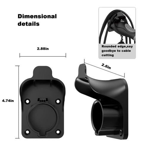 Slick Wall Mount EV Charger Holder For J1772 Plugs And Connectors Cord Organizer dimensions showing holder size and rounded edges.