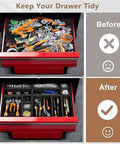 Before and after of tool drawer organized with Six Size 80 Piece Tool Box Organizer Set Black Garage Storage Tray Dividers