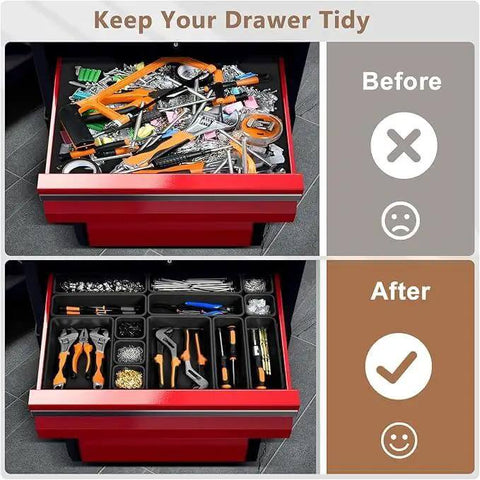 Before and after of tool drawer organized with Six Size 80 Piece Tool Box Organizer Set Black Garage Storage Tray Dividers