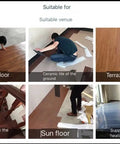 Peel And Stick Vinyl Floor Planks Self Adhesive Wood Look Tiles 10 Pack 6 Inch Wide By 36 Inch Long Hickory Easy DIY Flooring shown on different surfaces like cement, ceramic, and terrazzo floors.