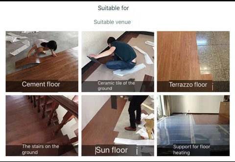 Peel And Stick Vinyl Floor Planks Self Adhesive Wood Look Tiles 10 Pack 6 Inch Wide By 36 Inch Long Hickory Easy DIY Flooring shown on different surfaces like cement, ceramic, and terrazzo floors.