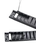 Close-up of 15mm x 40mm Cable Drag Chain for CNC Machines, Semi Enclosed Inner Side Openable, 1 Meter Black Plastic Cable Carrier shown open