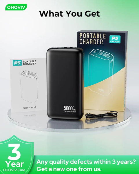 Ultra 50000mAh Portable Charger With PD 22.5W Fast Charging And Hella Solid Power Bank displayed with user manual and packaging.