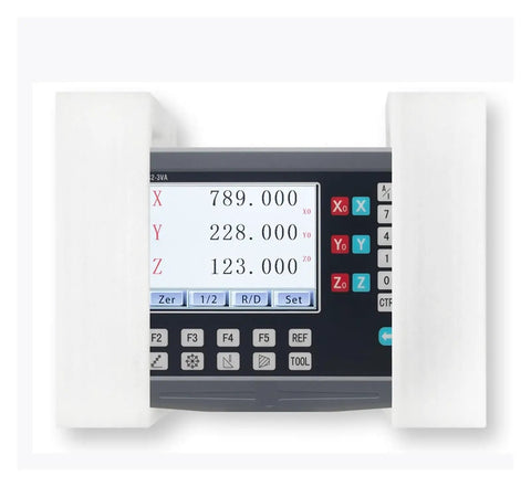 Front view of Beefed-Up 3 Axis Digital Readout Kit With Linear Scale Encoders display for precise milling, drilling, and cutting.