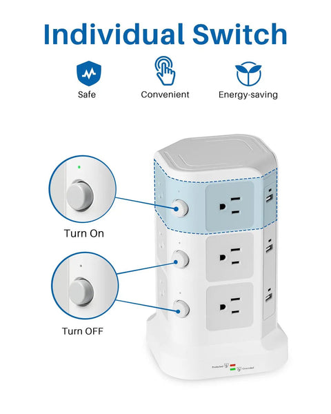18 In 1 Power Strip Tower With 12 AC Outlets And 6 USB Ports Flat Plug, showing individual switch feature and close-up of buttons.