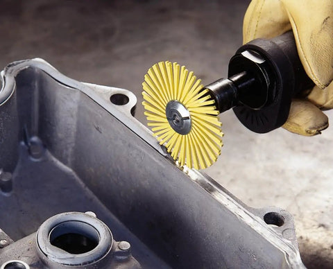 Radial Bristle Brush For Bench Motors With Adapter Kit, 6 Inch By Half Inch By One Inch, used on metal surface