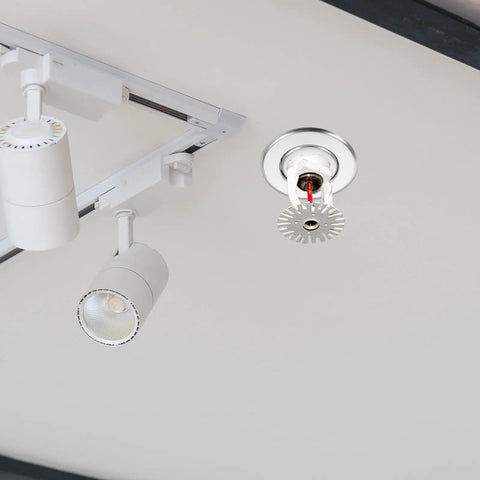 18 Pack Rock Solid Metal Fire Sprinkler Trim Rings Heavy Duty Escutcheon Plates Silver dual layer trim around sprinkler head on ceiling.