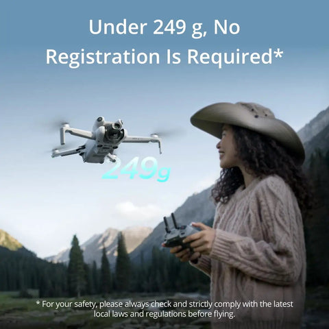 Mini 4 Pro Drone Fly More Combo in flight, under 249g, with operator in scenic outdoor setting, no registration needed