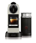 Slick Compact Coffee And Espresso Machine With Integrated Milk Frother Glossy White Counter Design with espresso cup.