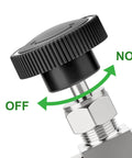 TAISHER 304 stainless steel 3-way needle valve, 1/8 NPT female, flow control, front view