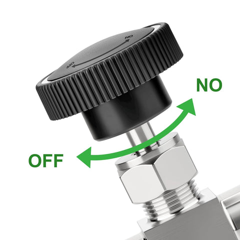 TAISHER 304 stainless steel 3-way needle valve, 1/8 NPT female, flow control, front view