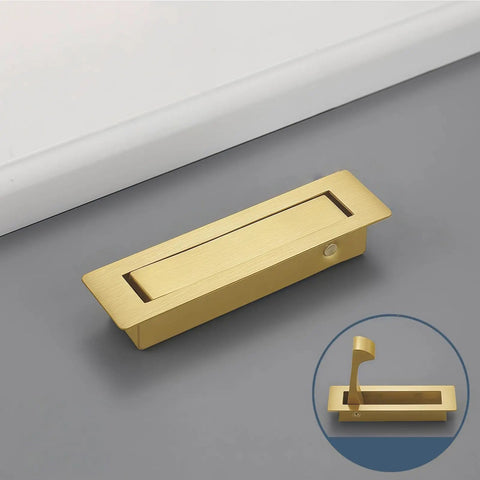Sleek Two Pack Recessed Pocket Door Pulls With Zero Fuss Flush Mount Design And Comfortable Finger Groove For Seamless Sliding Interior Doors And Modern Home Furniture In Brushed Brass, 22x80mm.