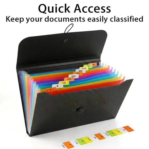 Expanding File Folder 13 Pocket Accordion Organizer For A4 And Letter Size With Elastic Buckle showing open colorful tabs