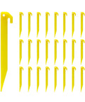 24 Pack 9 Inch Yellow Plastic Tent Pegs Stakes For Camping And Outdoor Use Durable Lightweight PP Stakes For Tents Awnings Beach Lawn Garden Easy Insertion Weather Resistant Ground Fixation, arranged on white background.