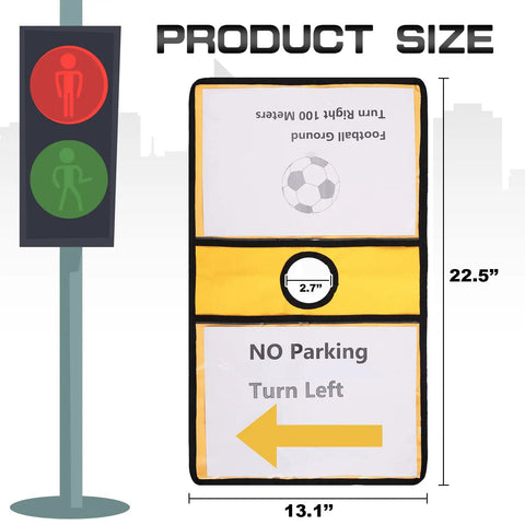 Set Of 12 Yellow Traffic Cone Sleeves With Pockets For Caution Notes And Signs Safety Message Sign Covers with dimensions shown.