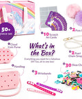 Fifty Plus Piece DIY Wristbands And Purse Kit For Girls Create Two Silicone Purses Three Charm Wristbands Pearl Chains Pom Poms Shoe Charms Chains Scratch Off Cards Mix And Match Craft Gift For Kids Ages Four Plus showing contents including purses, wristbands, shoe charms, scratch cards, and pom poms.
