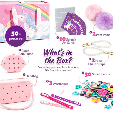 Fifty Plus Piece DIY Wristbands And Purse Kit For Girls Create Two Silicone Purses Three Charm Wristbands Pearl Chains Pom Poms Shoe Charms Chains Scratch Off Cards Mix And Match Craft Gift For Kids Ages Four Plus showing contents including purses, wristbands, shoe charms, scratch cards, and pom poms.