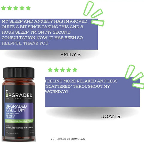 Calcium Supplement For Strong Bones And Joints, bottle displayed with customer reviews emphasizing improved sleep and relaxation.