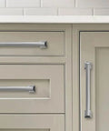 Brushed Satin Nickel Cabinet Pulls 20 Pack 3-3/4 Inch Hole Centers Straight Bar Handles installed on kitchen drawers
