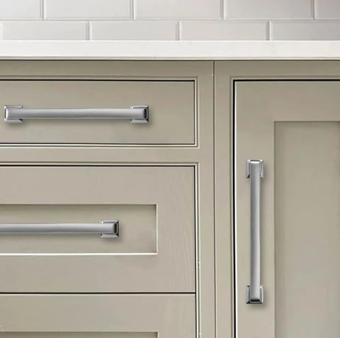Brushed Satin Nickel Cabinet Pulls 20 Pack 3-3/4 Inch Hole Centers Straight Bar Handles installed on kitchen drawers