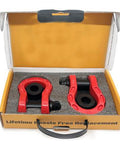 Off Road D Ring Shackles For Recovery, 68,000 Lbs Breaking Strength And 17,000 Lbs Working Load Limit, 7/8 Inch Pin And Washers, Carbon Steel Tow Shackle Designed In The USA For Safe Towing And Secure Trail Recovery in a protective box showing two red shackles.