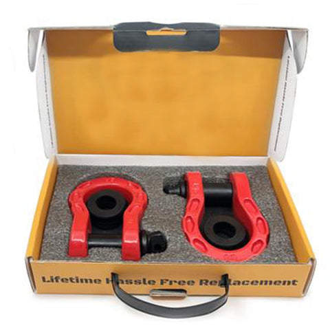 Off Road D Ring Shackles For Recovery, 68,000 Lbs Breaking Strength And 17,000 Lbs Working Load Limit, 7/8 Inch Pin And Washers, Carbon Steel Tow Shackle Designed In The USA For Safe Towing And Secure Trail Recovery in a protective box showing two red shackles.