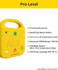 Front view of yellow XFT AED trainer device with green power button and FOR TRAINING ONLY label.