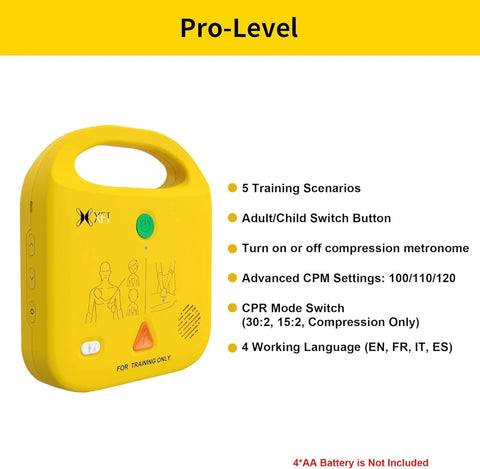 Front view of yellow XFT AED trainer device with green power button and FOR TRAINING ONLY label.