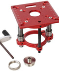 Rock Solid Precision Router Lift And Woodworking Table Insert Plate with silver springs for smooth height adjustment and tool accessories.