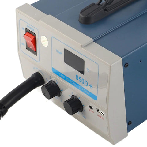 Front view of Desoldering Station 850D Hot Air Rework Tool With LED Digital Display showing controls and temperature dial.