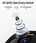 Solid Outdoor Wireless Security Camera Featuring Hella Clear 2K Max Color Night Vision And Kickass Ai Face Tracking Plus Smooth Solar Charging, showing camera lens assembly.
