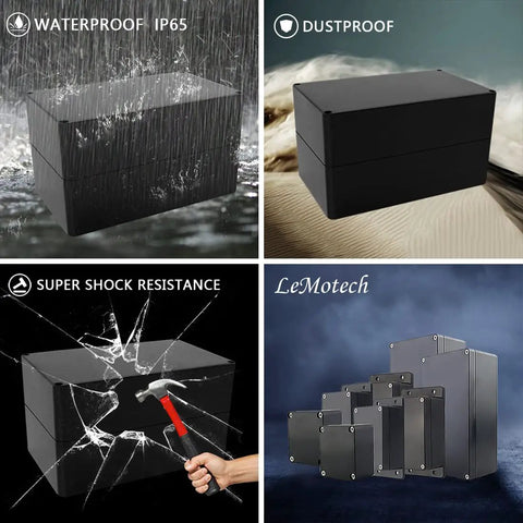 IP65 Waterproof ABS Plastic Junction Box, black, weatherproof and dustproof enclosure, shown in various tests and sizes for electronics projects.