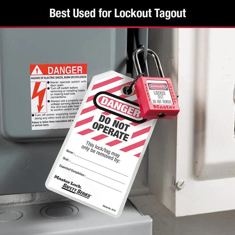 Lockout Tagout Tags Laminated Do Not Operate OSHA Compliant 12 Pack on electrical panel with red padlock.