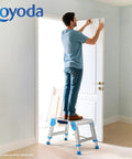 Built Tough Heavy Duty Work Platform With One-Touch Folding, 440 Lb Capacity, 3 Adjustable Heights From 11.82 To 15.75 Inches, Non-Slip Feet, Textured Surface, Blue Utility Ladder For Home Or Shop, man adjusting a door