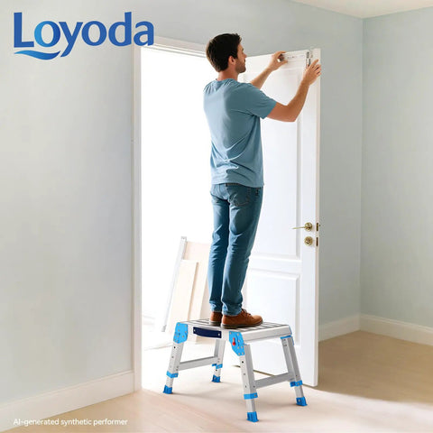 Built Tough Heavy Duty Work Platform With One-Touch Folding, 440 Lb Capacity, 3 Adjustable Heights From 11.82 To 15.75 Inches, Non-Slip Feet, Textured Surface, Blue Utility Ladder For Home Or Shop, man adjusting a door