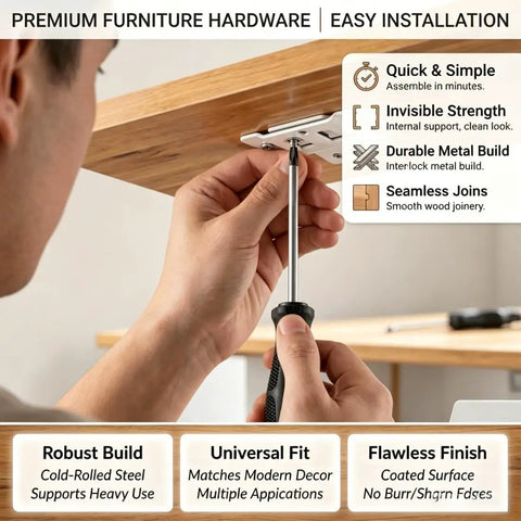 Person installing Heavy Duty Furniture Joint Brackets Quick Fitting No Fuss Easy Install For Tables Chairs Drawers And Cabinets Black 16PCS