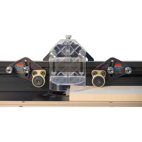 Tough As Nails Dual Roller Stock Guides For Router Table Fences Anti Kickback Design with clear CNC mounts and angled pivot knobs.