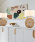 2 Pack Woven Rattan Table Lamps With Plug In Boho White Fabric Shade in living room on modern dresser