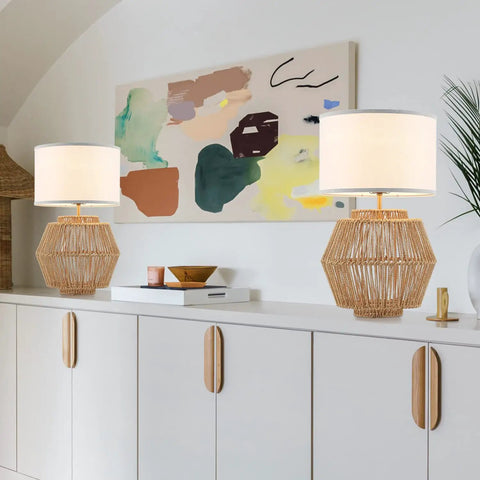 2 Pack Woven Rattan Table Lamps With Plug In Boho White Fabric Shade in living room on modern dresser