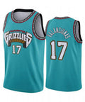 Front and back view of a turquoise Vancouver Grizzlies jersey with number 17 and Valanciunas name.