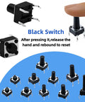 250 Piece 10 Value 6x6mm Tactile Push Button Switch Kit For Arduino And Breadboard Projects, close-up of black micro momentary 4 pin tact switch